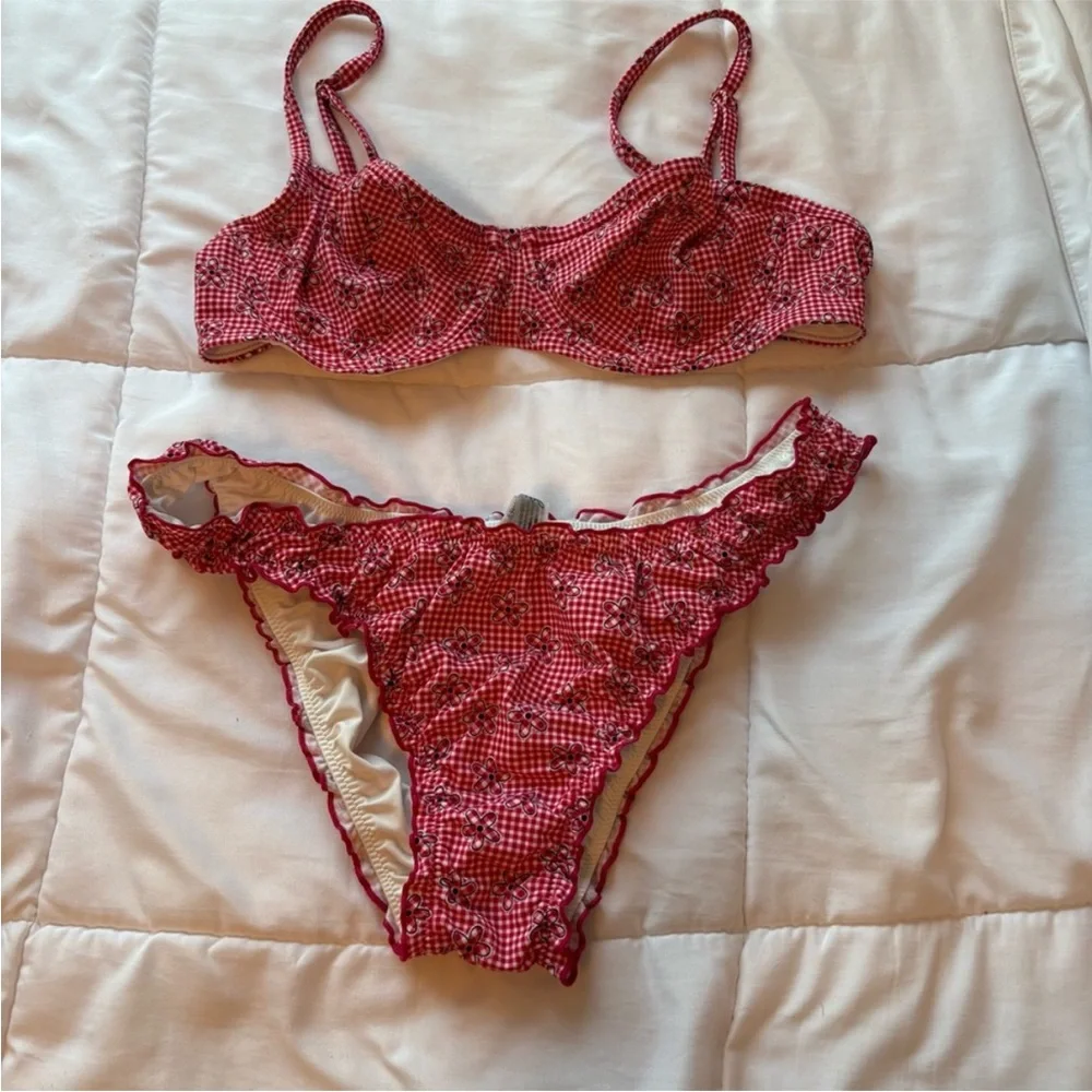 Frankie's Bikinis x Pink Rosalind Red Gingham Floral Top & Rosemary Bikini